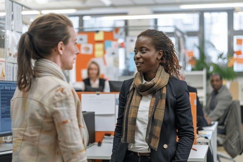 Deux femmes souriantes discutent dans un bureau moderne et lumineux.