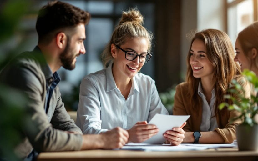Un responsable des ressources humaines discute avec son équipe des absences, dans un bureau lumineux, mettant en avant des expressions concentrées et une équipe diversifiée.