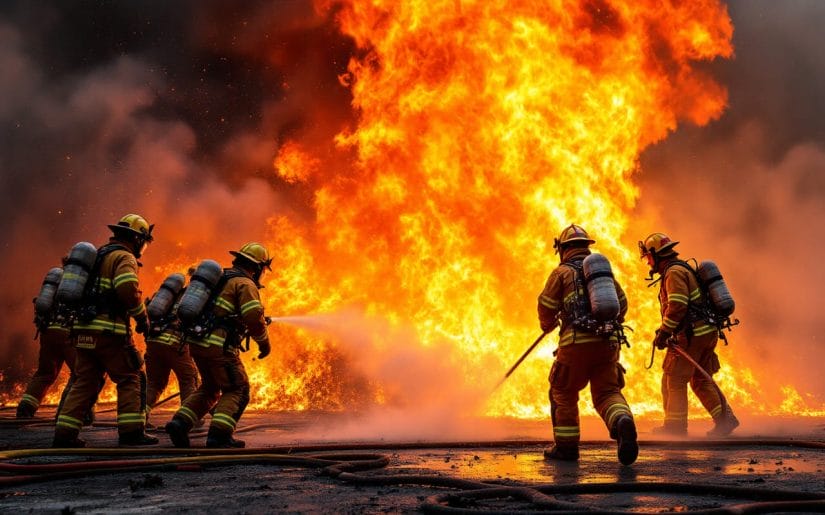 Une image d'une session d'entraînement au feu, montrant des pompiers en action avec des flammes et de la fumée, mettant en avant les équipements de sécurité dans un environnement dynamique et intense.