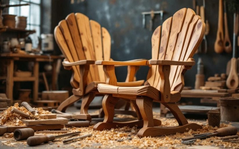 Une belle chaise en bois dans un atelier, entourée d'outils et de copeaux de bois, avec une ambiance chaleureuse et lumineuse.