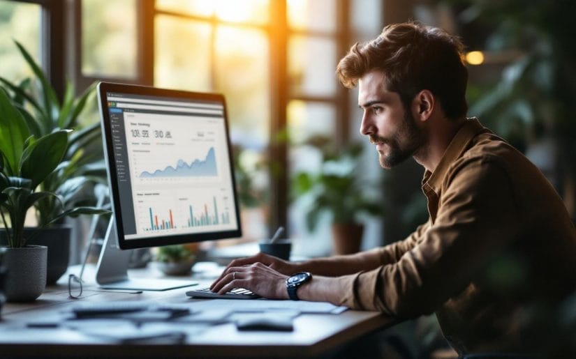 Un employé utilisant un logiciel de suivi du temps, assis à un bureau moderne, avec une expression concentrée, dans un environnement de bureau lumineux et naturel, entouré de plantes.