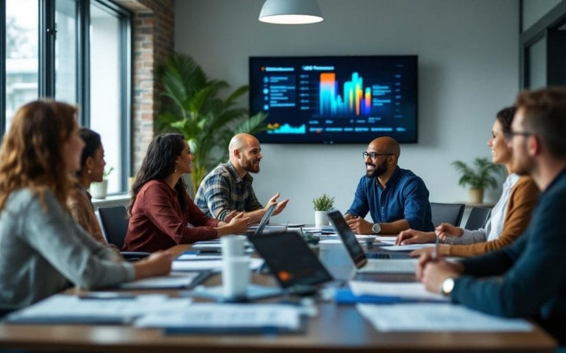 Image d'une réunion d'équipe discutant des processus QHSE, avec des professionnels divers réunis dans une salle de conférence, échangeant des idées autour de documents et d'écrans numériques.