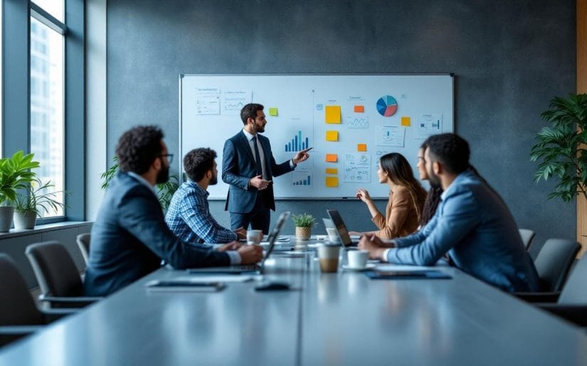 Un exécutif anime un atelier de redressement en situation de crise avec l'équipe opérations réunie autour d'une table, tableaux et ordinateurs visibles, notes adhésives, ambiance tendue mais collaborative, lumière naturelle volumétrique et tons froids dominants.